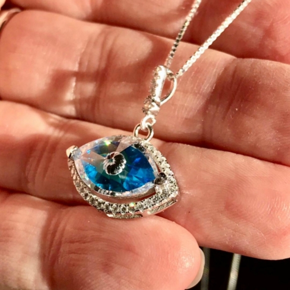 925 Sterling Silver Blue Evil Eye Crystal CZ Drop Pendant Necklace - Picture 3 of 5